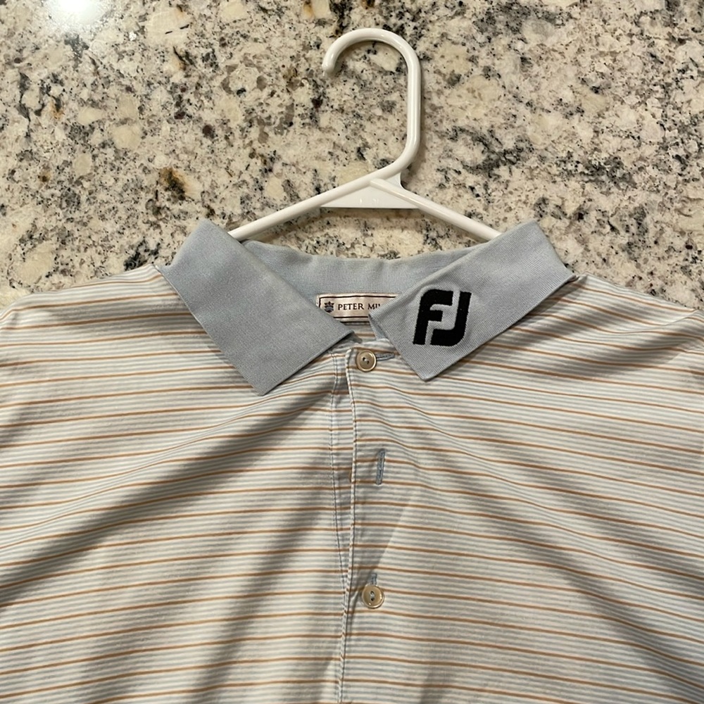 Peter Millar/Footjoy/Titleist tour shirt blue/white/tan striped size Large